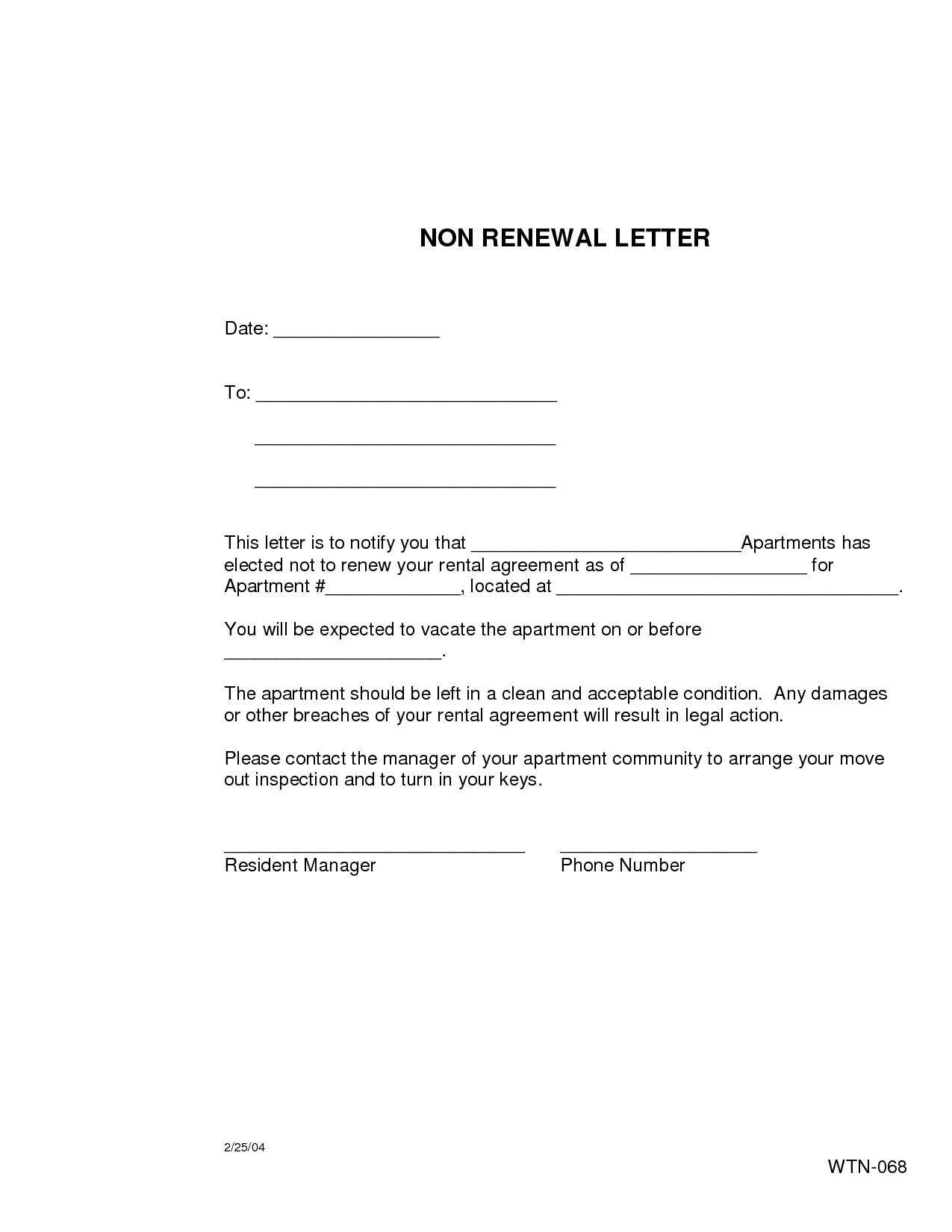 Non Renewal Of Lease Letter Free Printable Documents