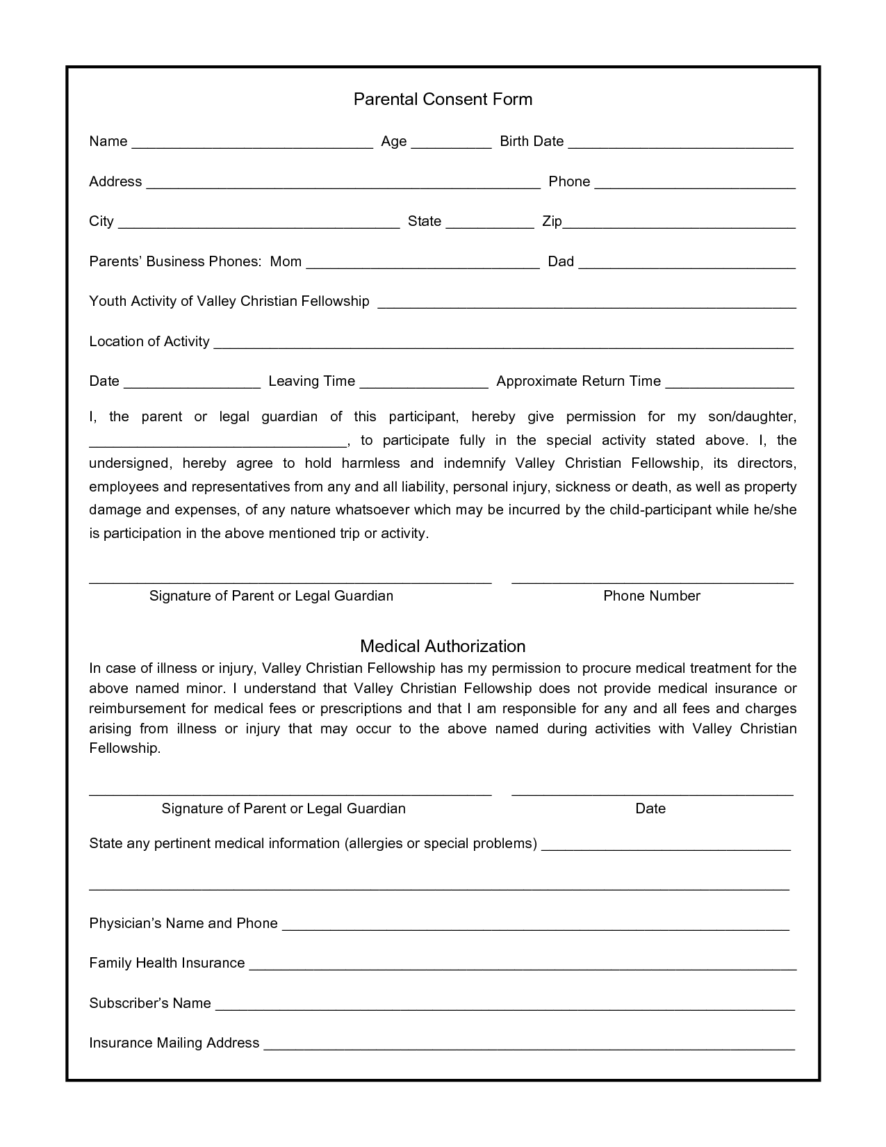 Parental Consent Form Free Printable Documents
