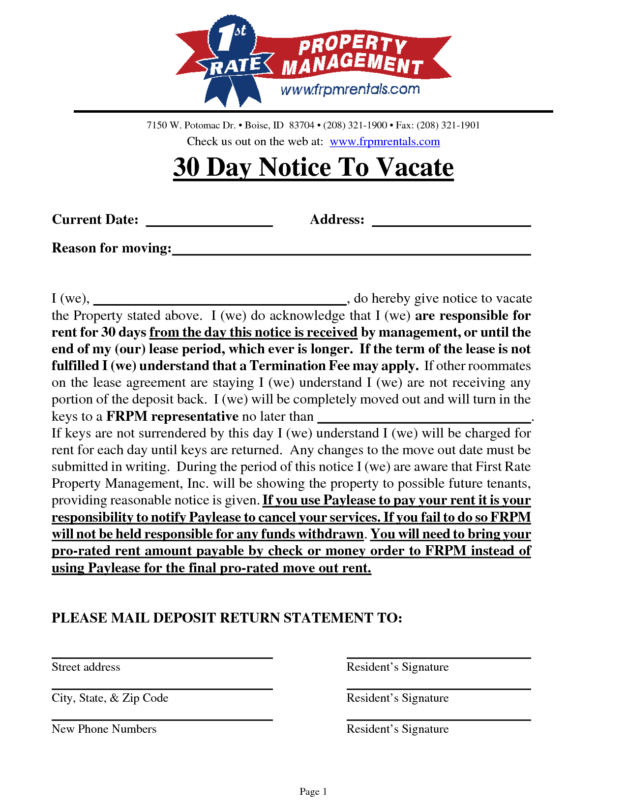 Notice To Vacate Free Printable Template Notice To Vacate