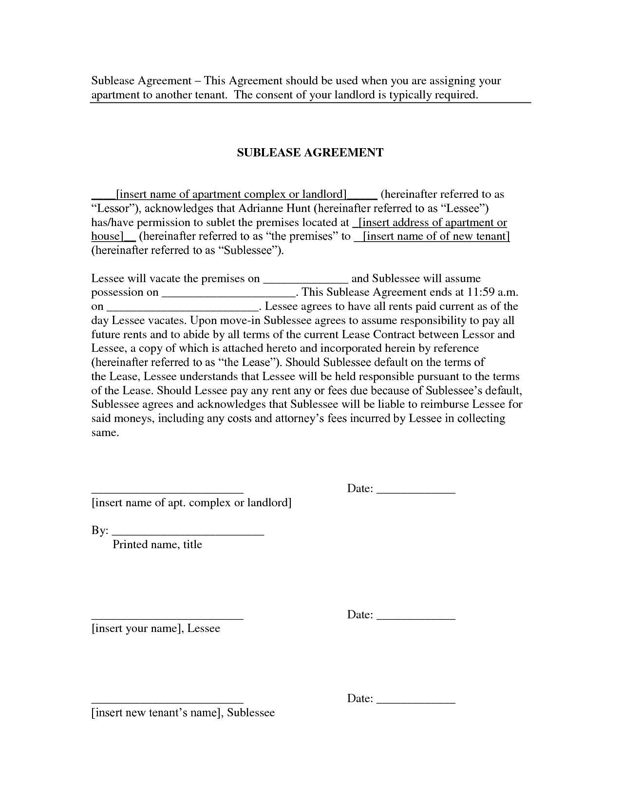 Sublet Contract Template
