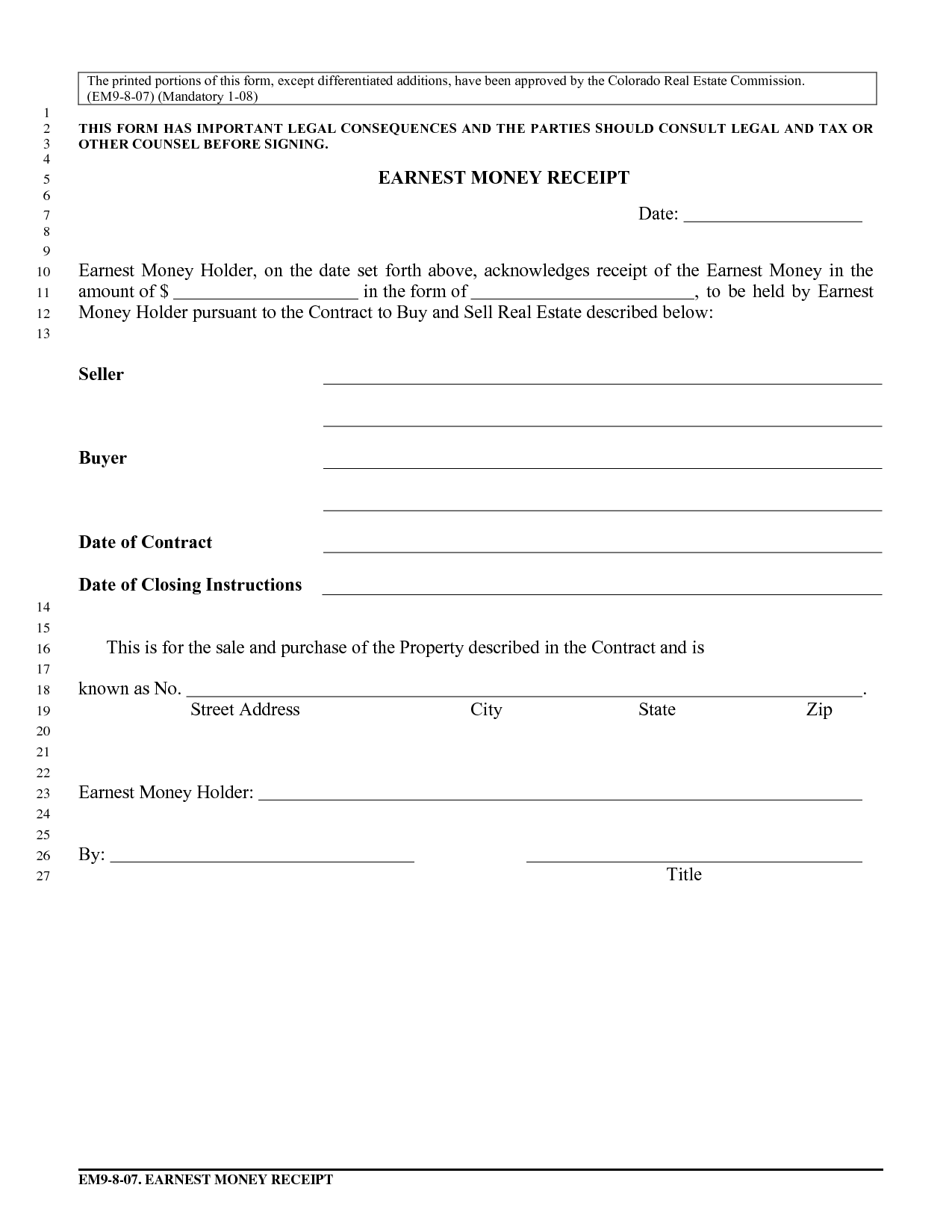 Earnest Money Agreement Form Template Free Printable Documents