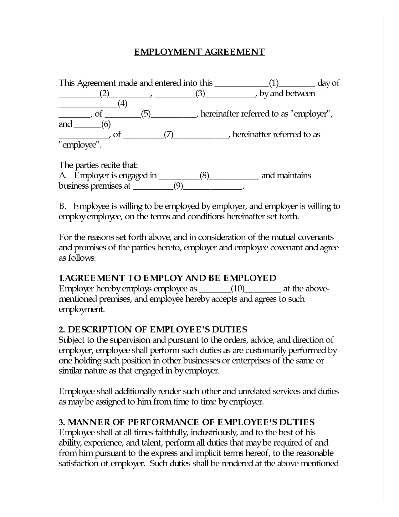 Employment Agreement Sample Free Printable Documents