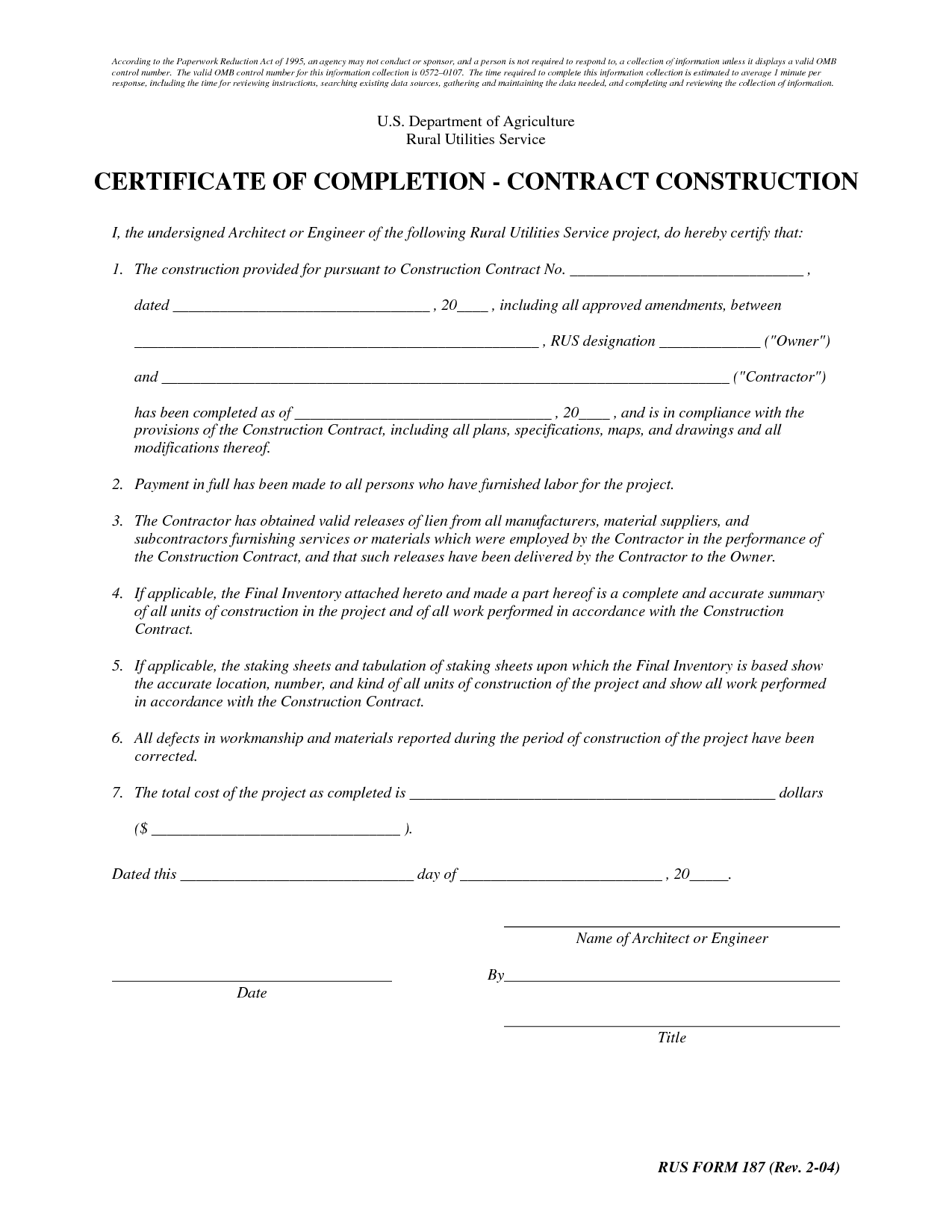Contractor Certificate Of Completion Templates