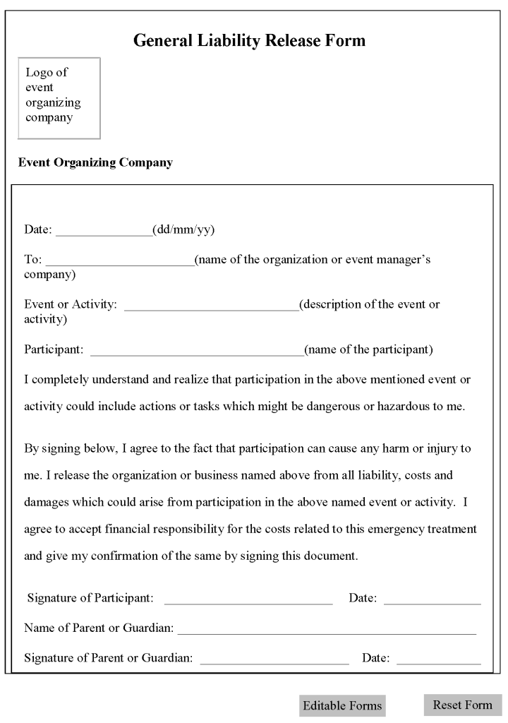 General Liability Waiver Form Free Printable Documents