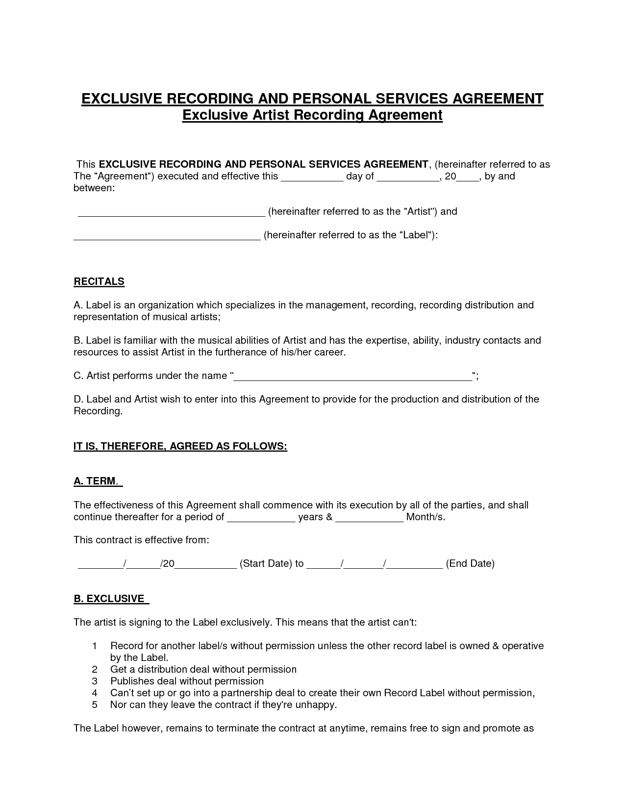 Recording Agreement Free Printable Documents