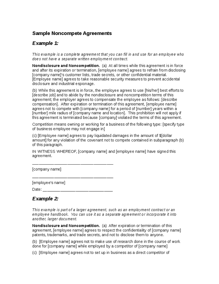 Sample Non Compete Agreement Template Free Printable Documents
