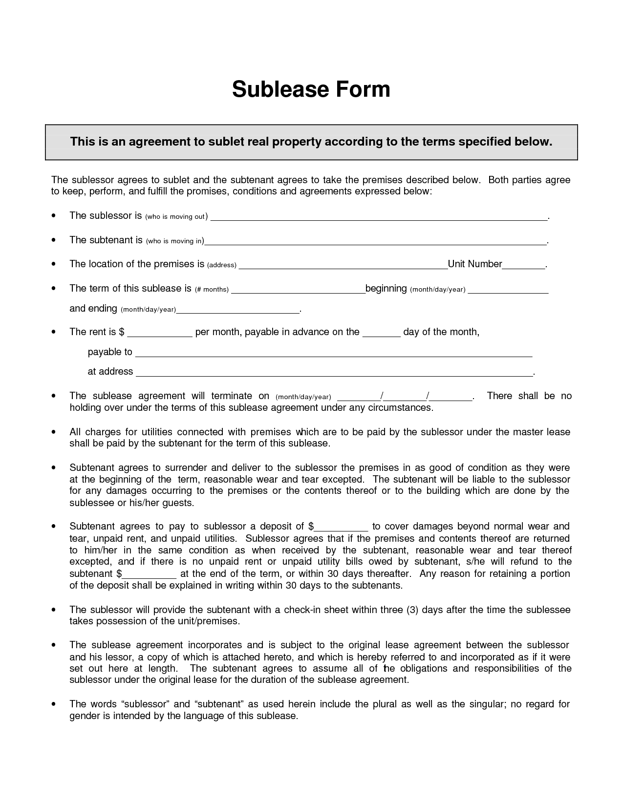 Sublease Agreement Sample Free Printable Documents