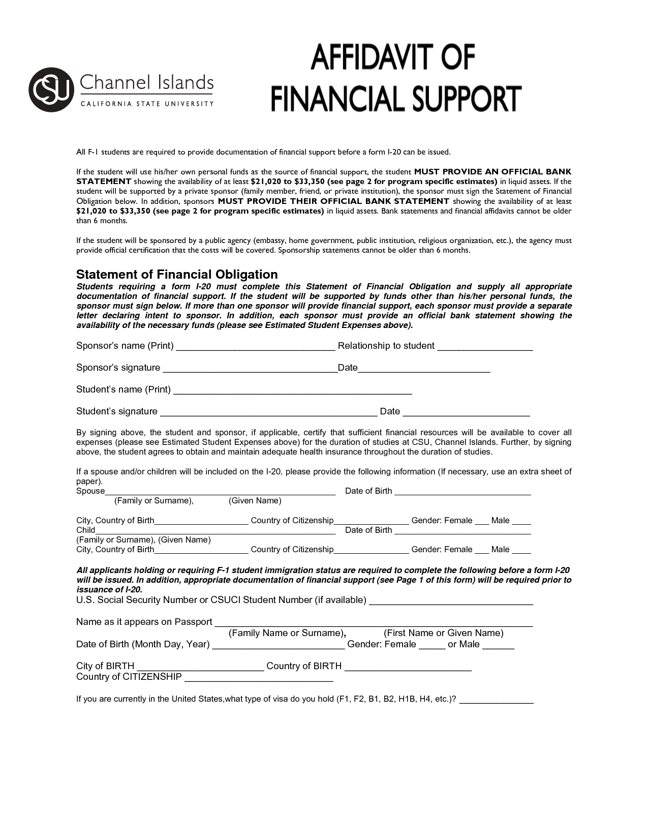 Affidavit Of Support Form In Word And Pdf Formats Gambaran