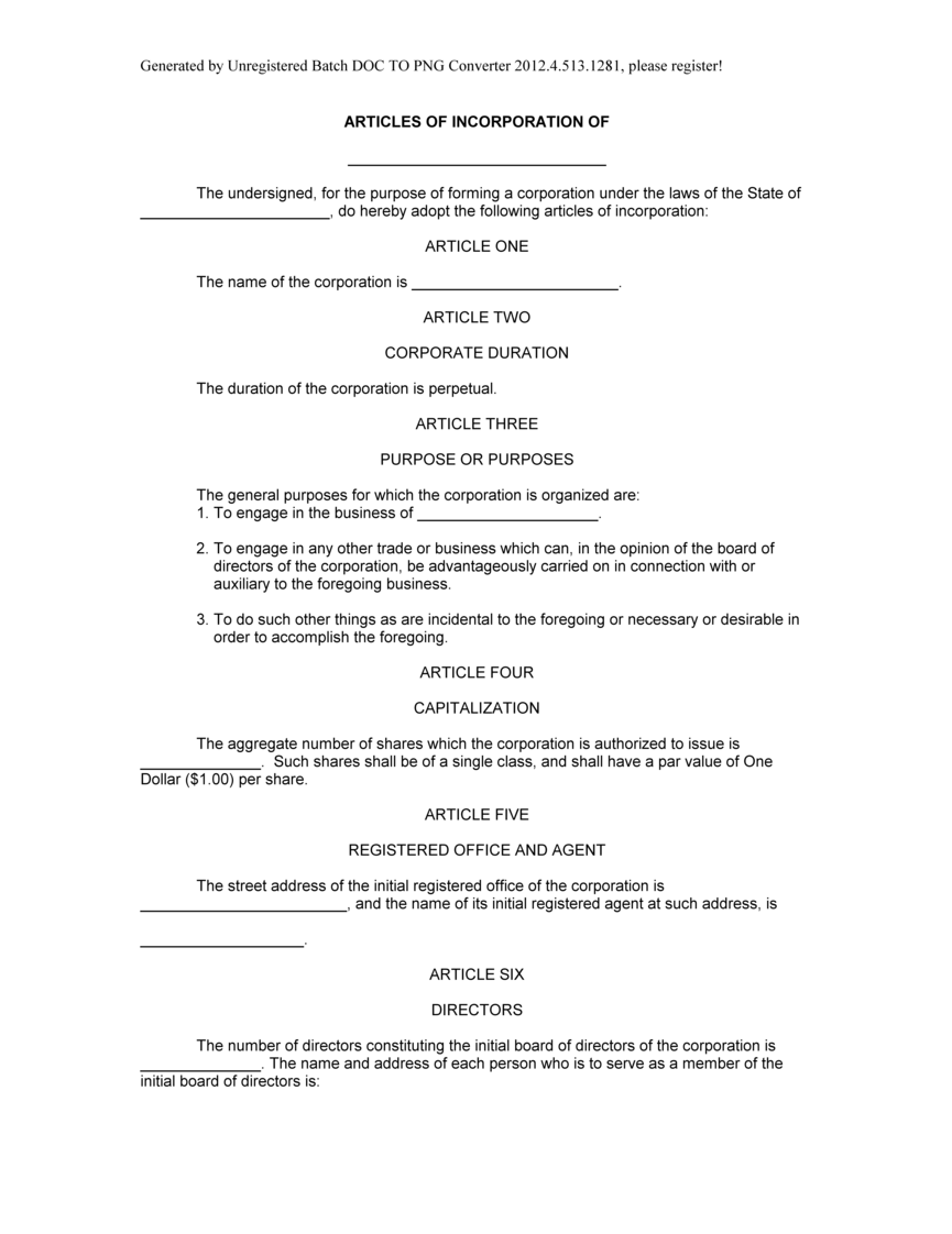 Articles Of Incorporation Sample Free Printable Documents