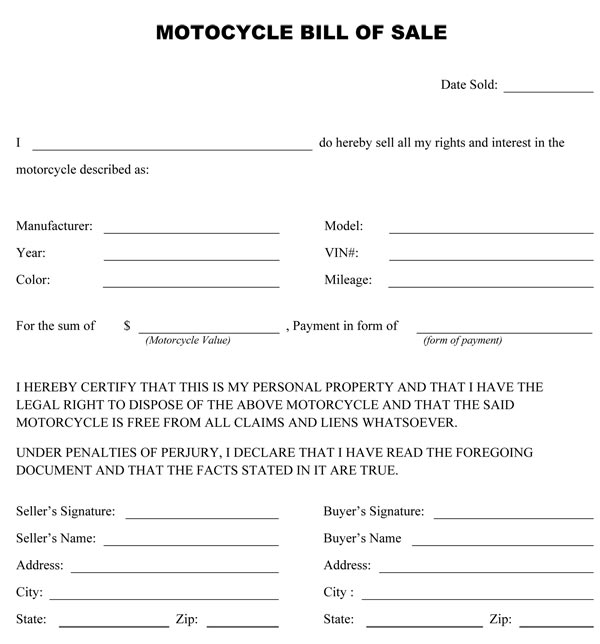 Bill Of Sale Motorcycle - Free Printable Documents