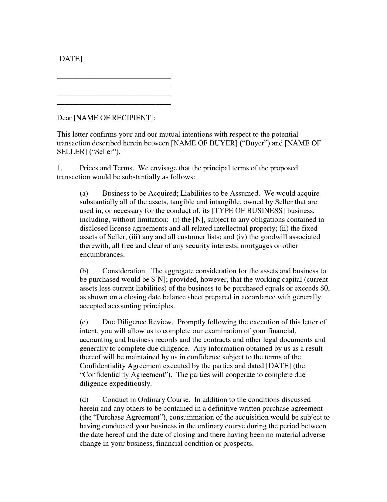 Business Purchase Letter Of Intent Free Printable Documents