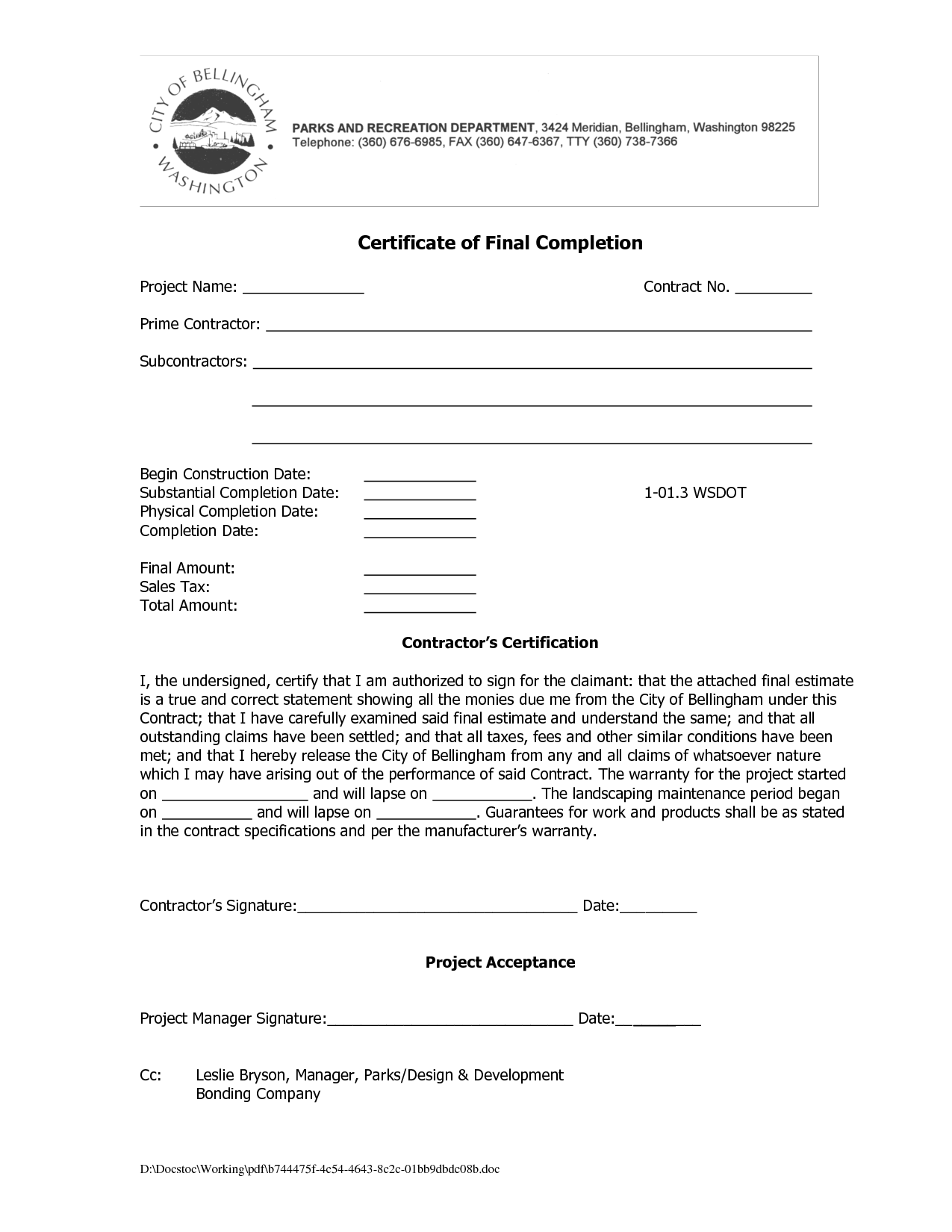 Certificate Of Completion Construction Free Printable Documents