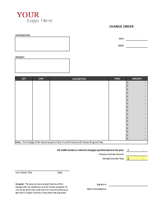 Change Order Form Template Free Printable Documents