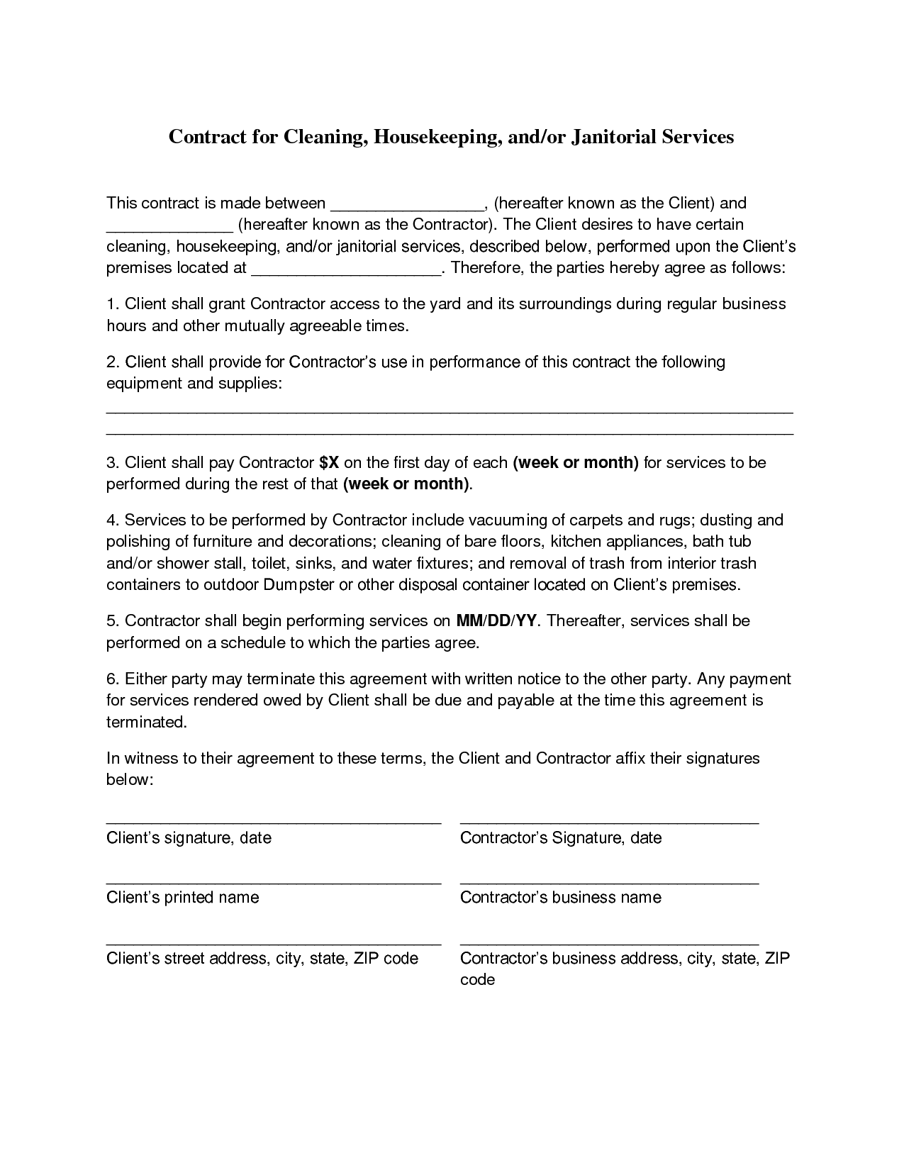 Cleaning Contract Free Printable Documents