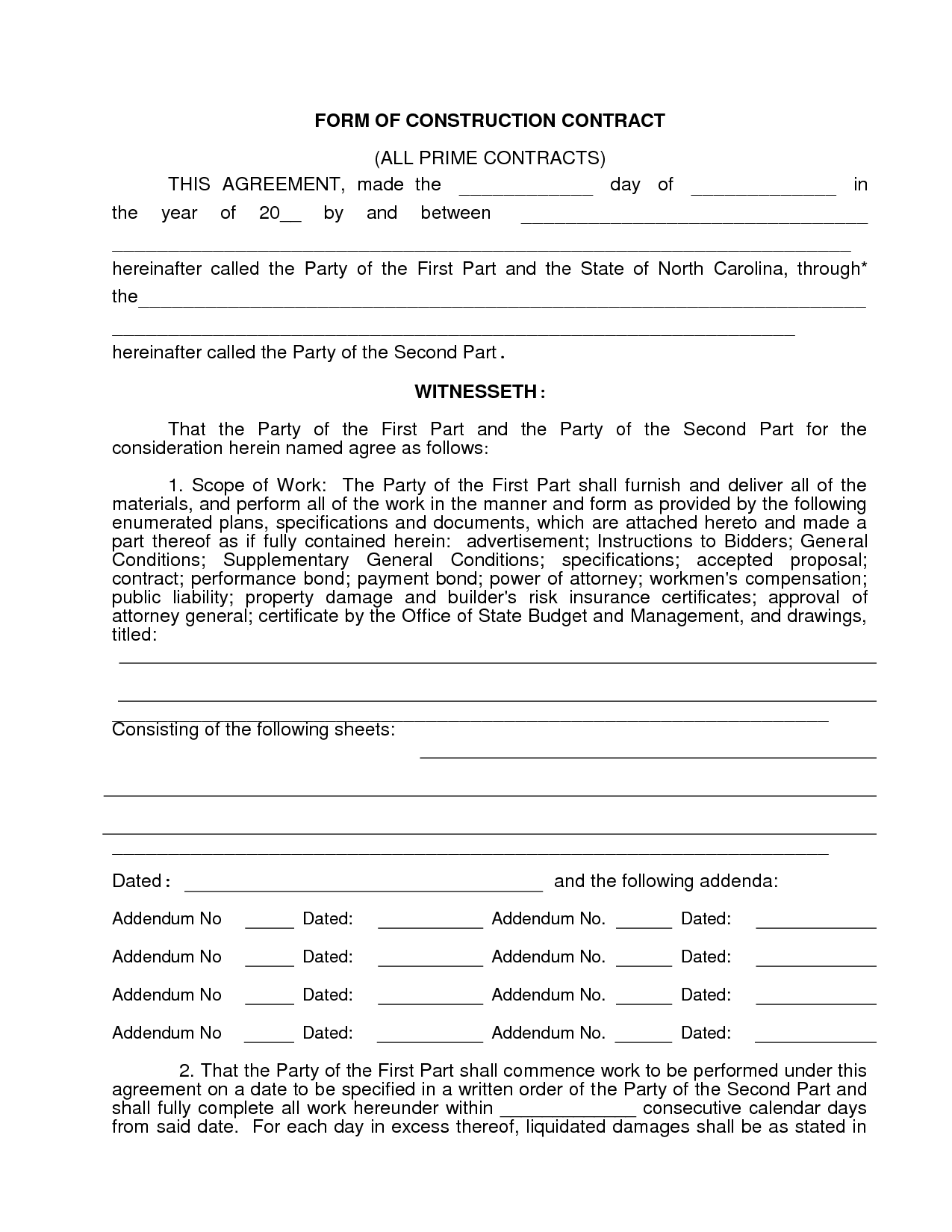 Construction Contract Template Free Printable Documents