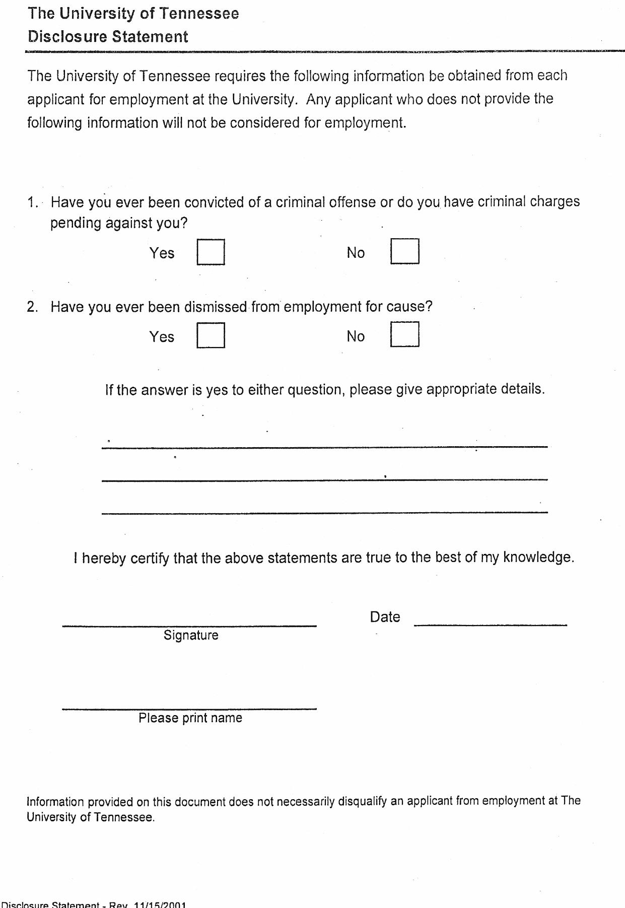 Disclosure Form Template Free Printable Documents