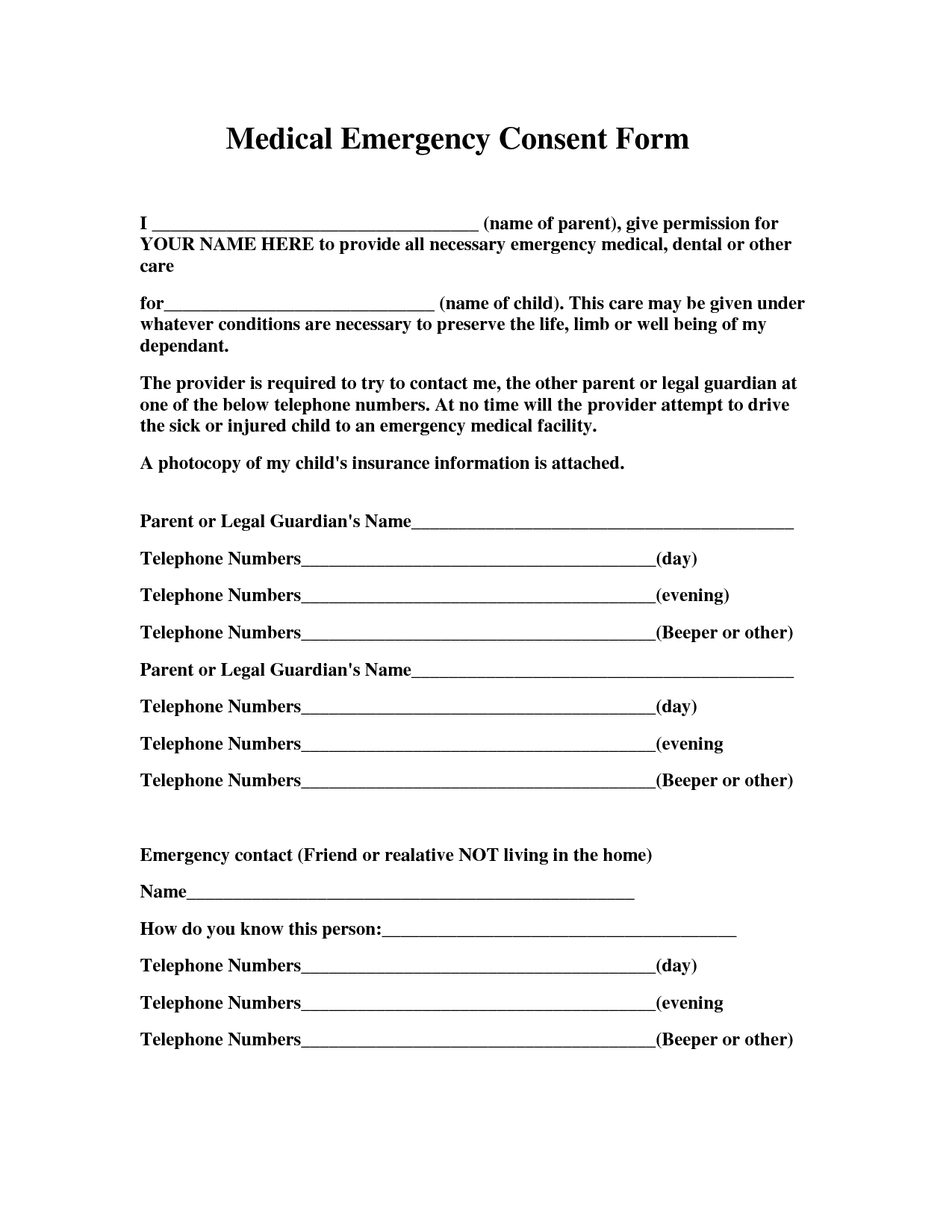 Emergency Medical Consent Form - Free Printable Documents