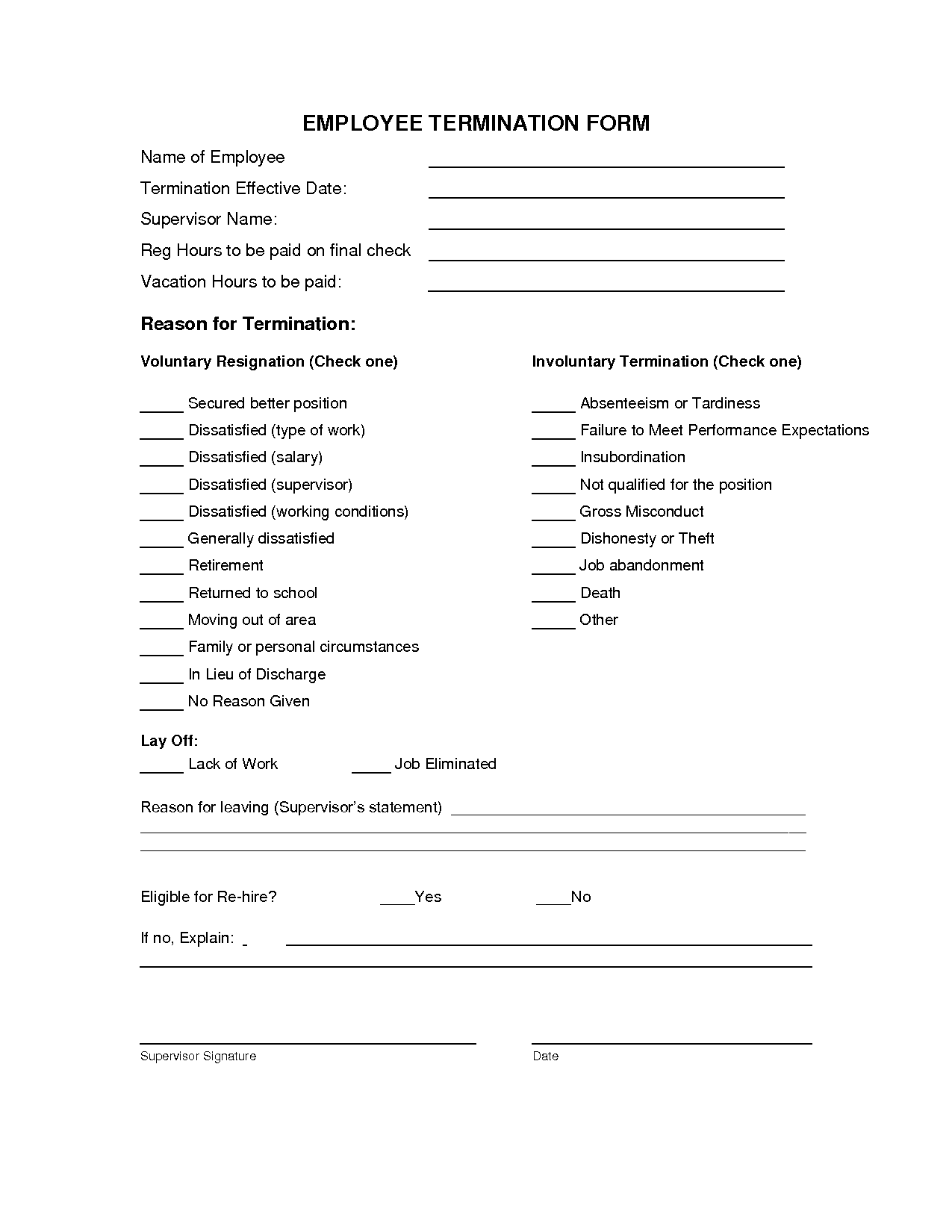 Employee Termination Form Free Printable Documents