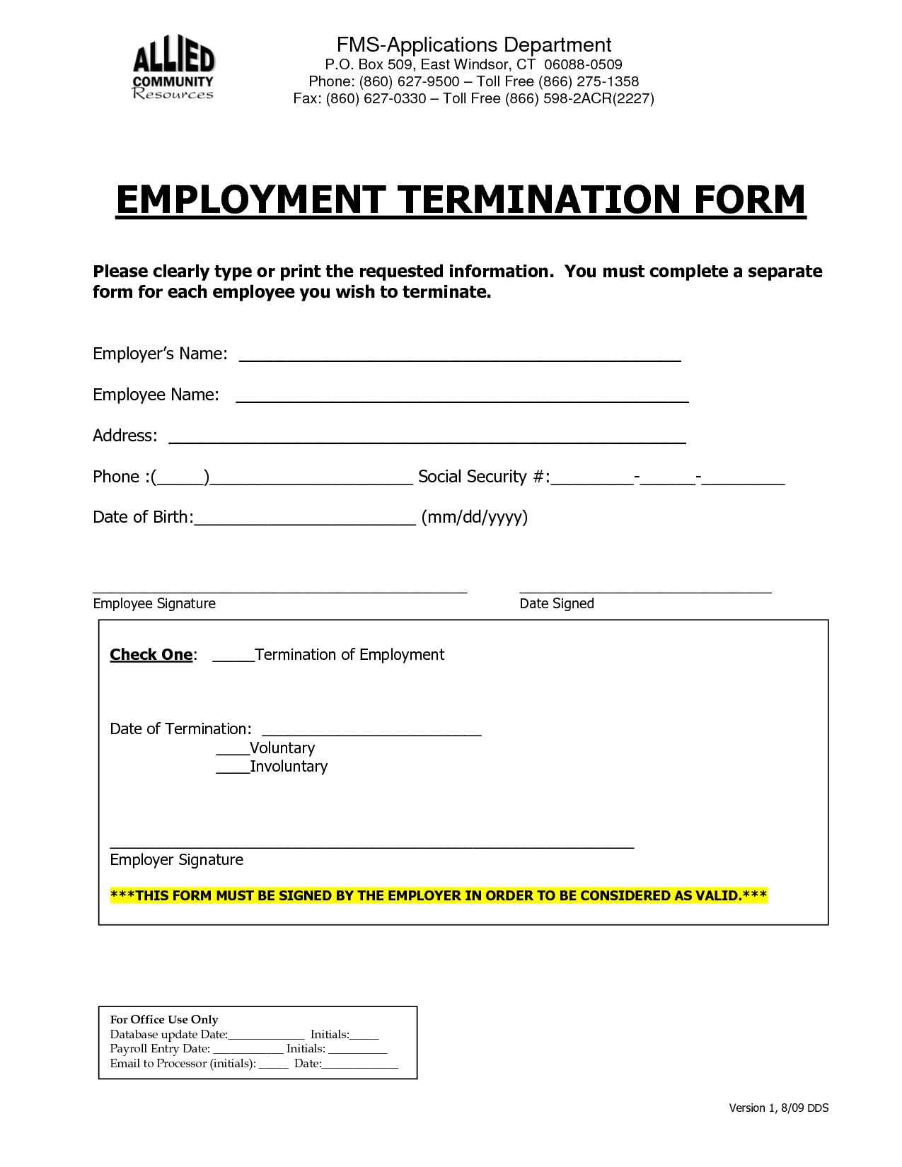 Free Printable Employee Termination Letter