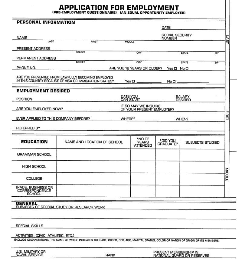 Employment Application Free Printable Documents