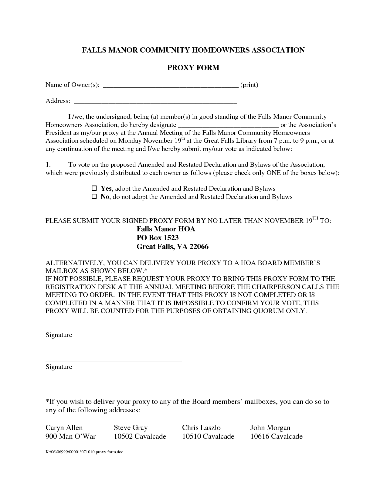 Hoa Proxy Form Template - Free Printable Documents