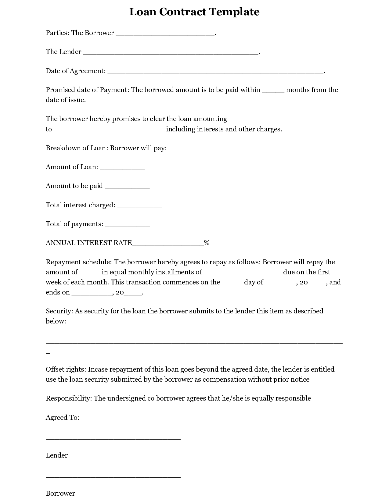 How To Write A Loan Contract Free Printable Documents