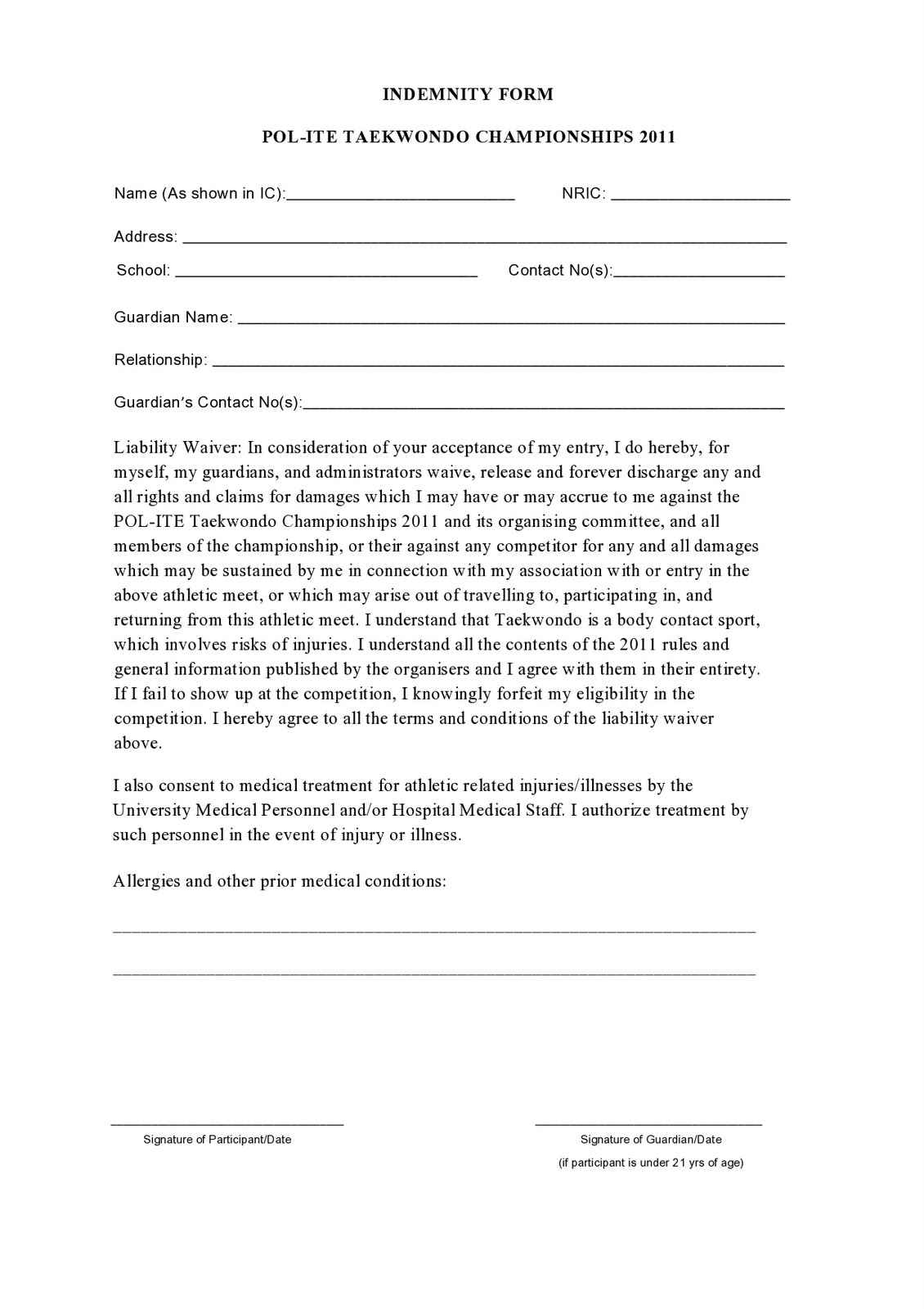 Indemnity Form Free Printable Documents 7269