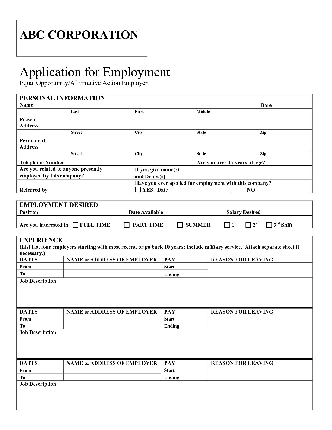 Job Application Blank Free Printable Documents