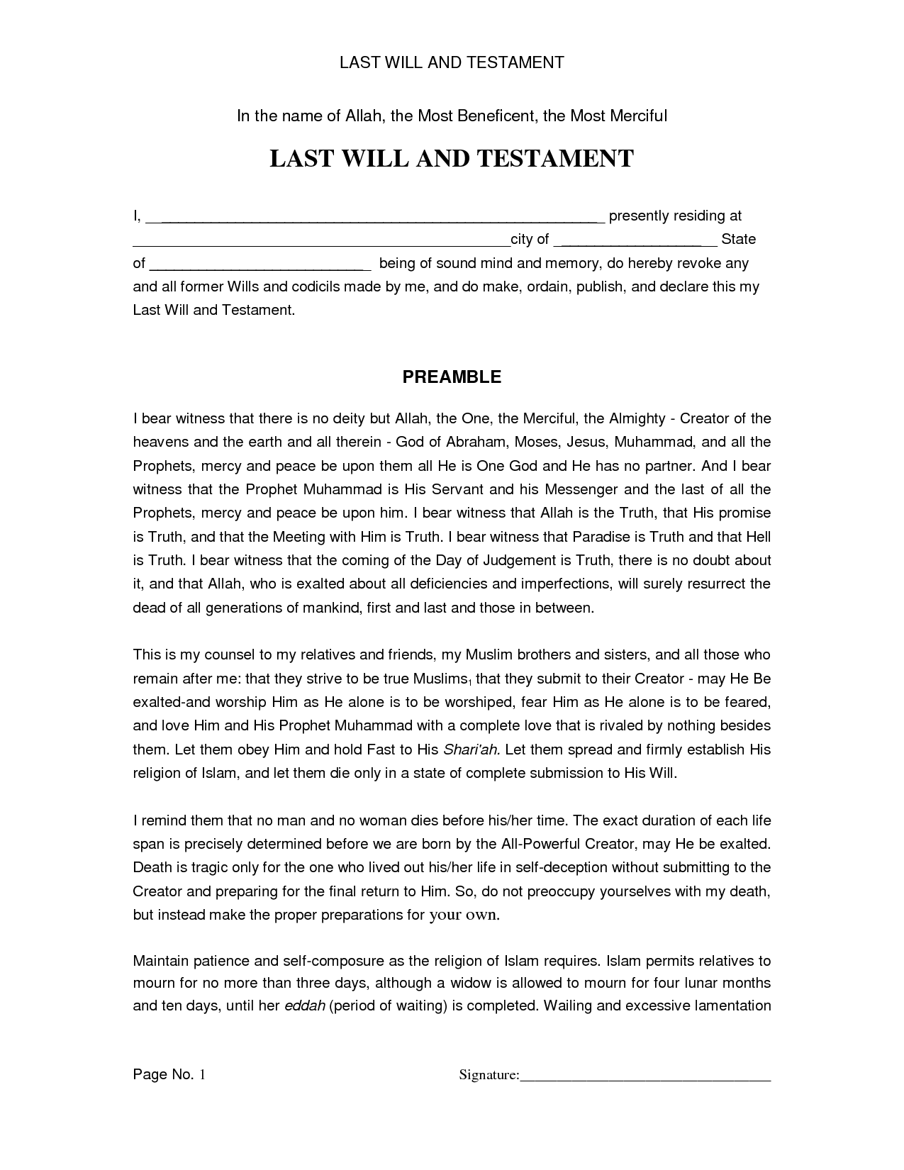 Last Will And Testament . Sample - Free Printable Documents