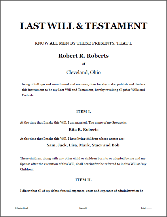 Last Will And Testament . Sample Free Printable Documents