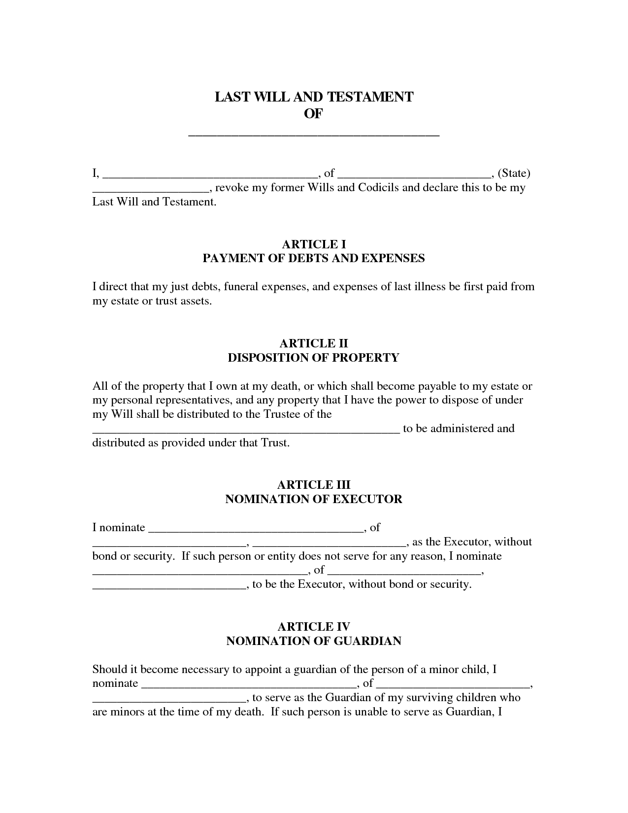 Free Printable Last Will And Testament Example