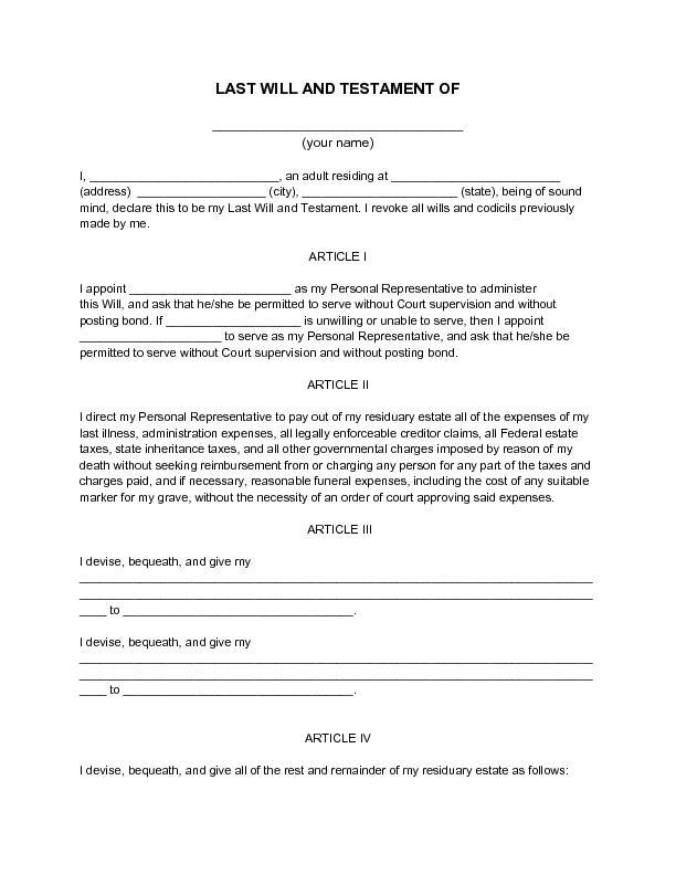 Last Will And Testament Templates - Free Printable Documents