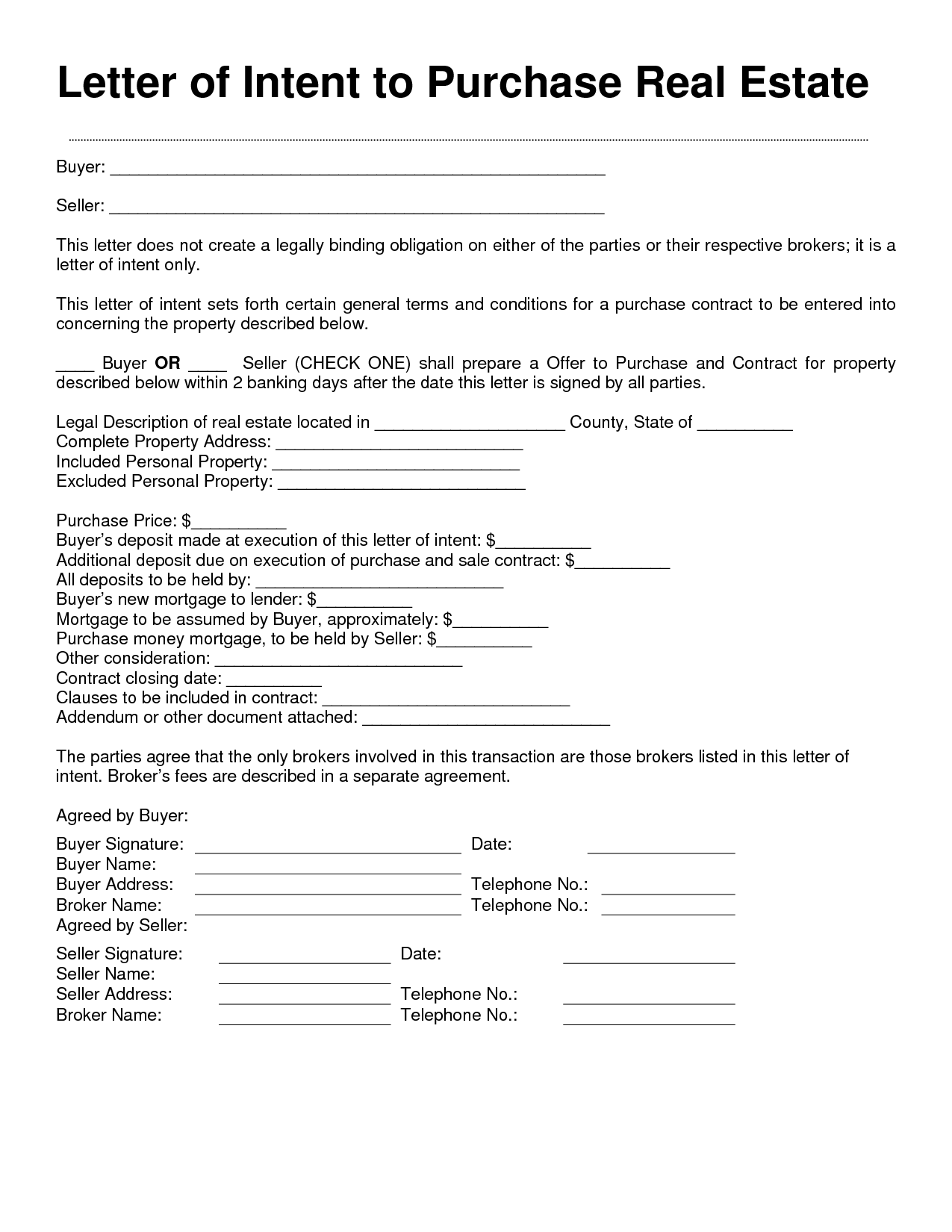 Letter Of Intent Real Estate Purchase Free Printable Documents