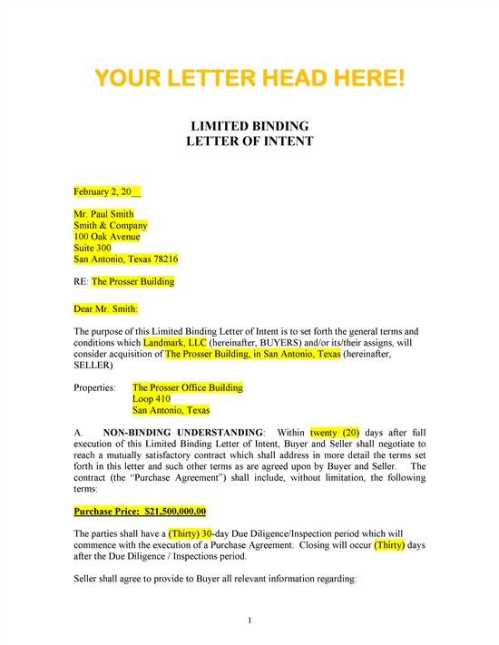 Letter Of Intent For Real Estate Purchase Template