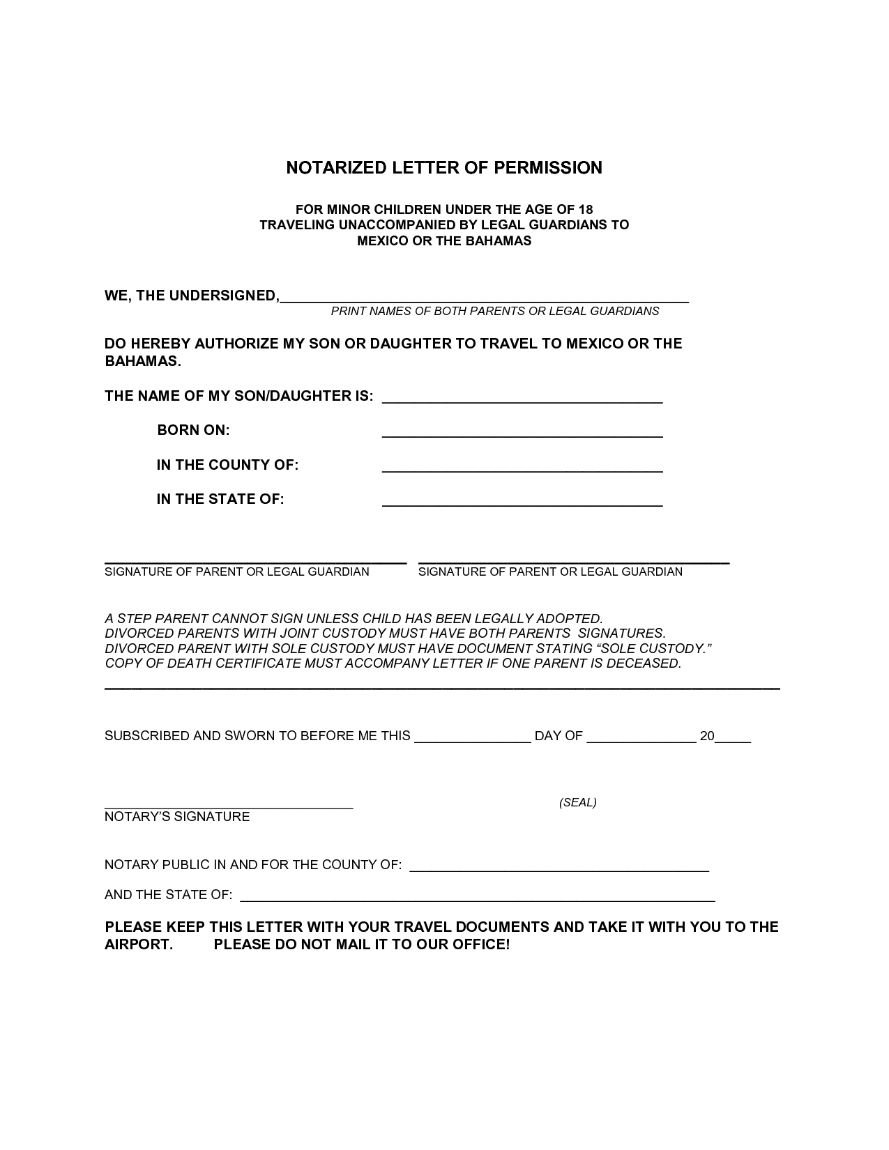 Download Free Printable Permission Letter Sample Download Pdf Doc In Notarized Letter Template For Child Travel