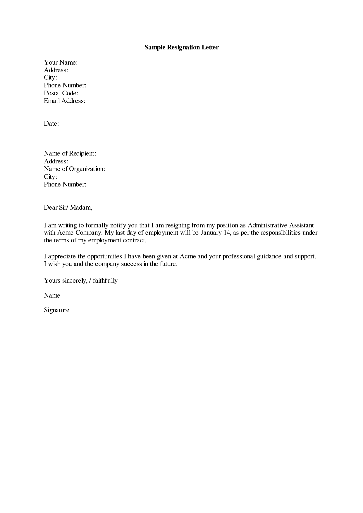 Resignation Letter Template Printable Free