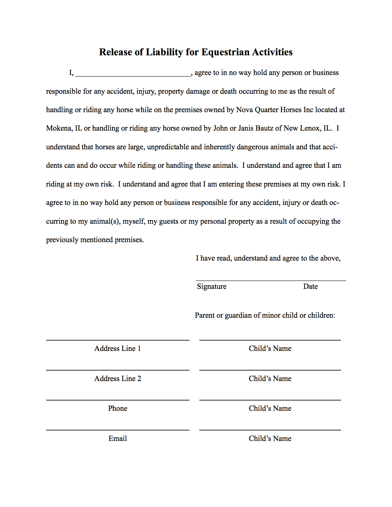 Liability Release Waiver Form Free Printable Documents 9415