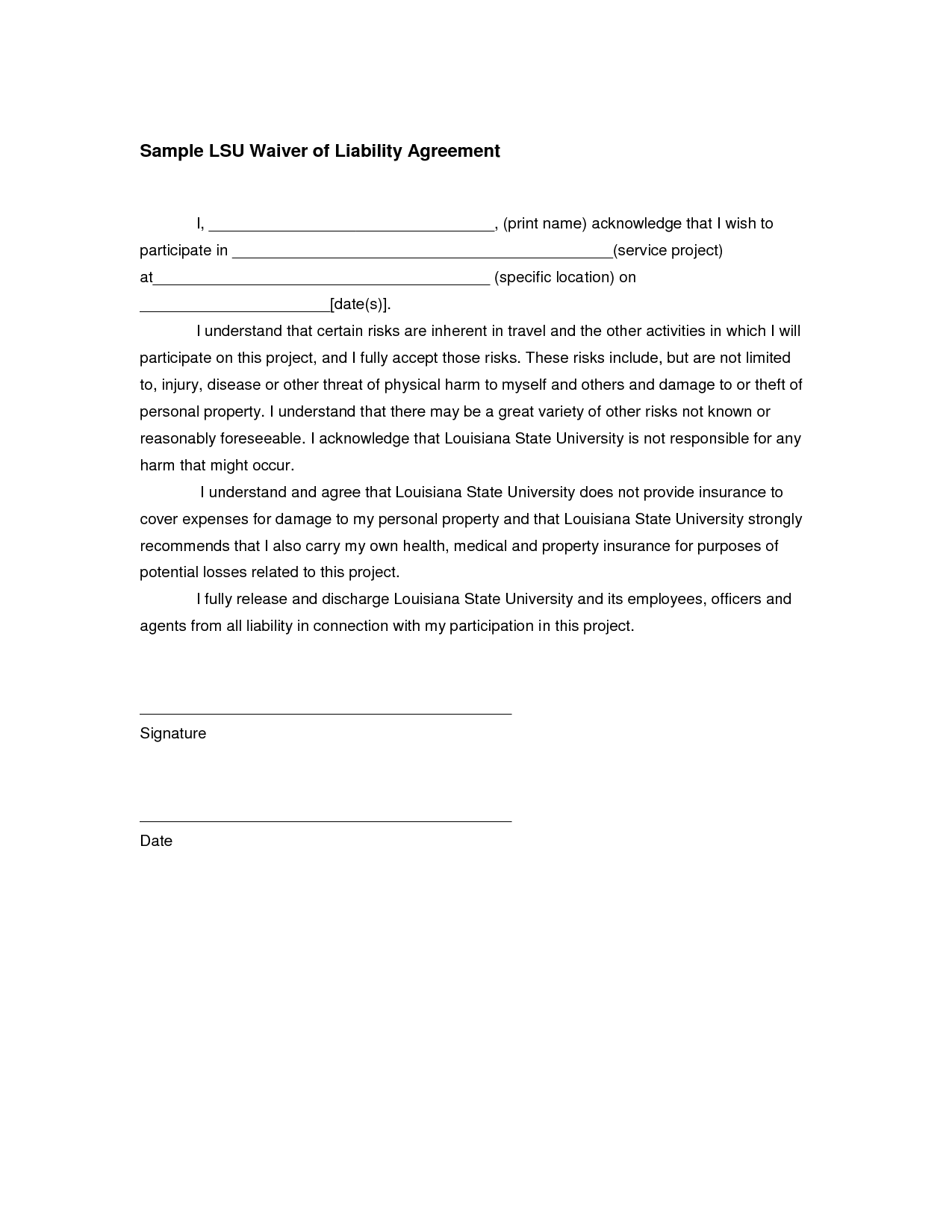 Liability Waiver Example Free Printable Documents