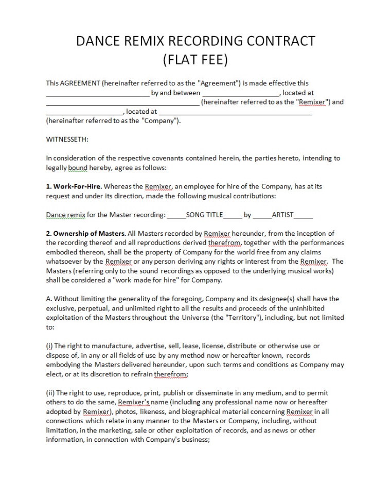 Music Recording Contract Free Printable Documents