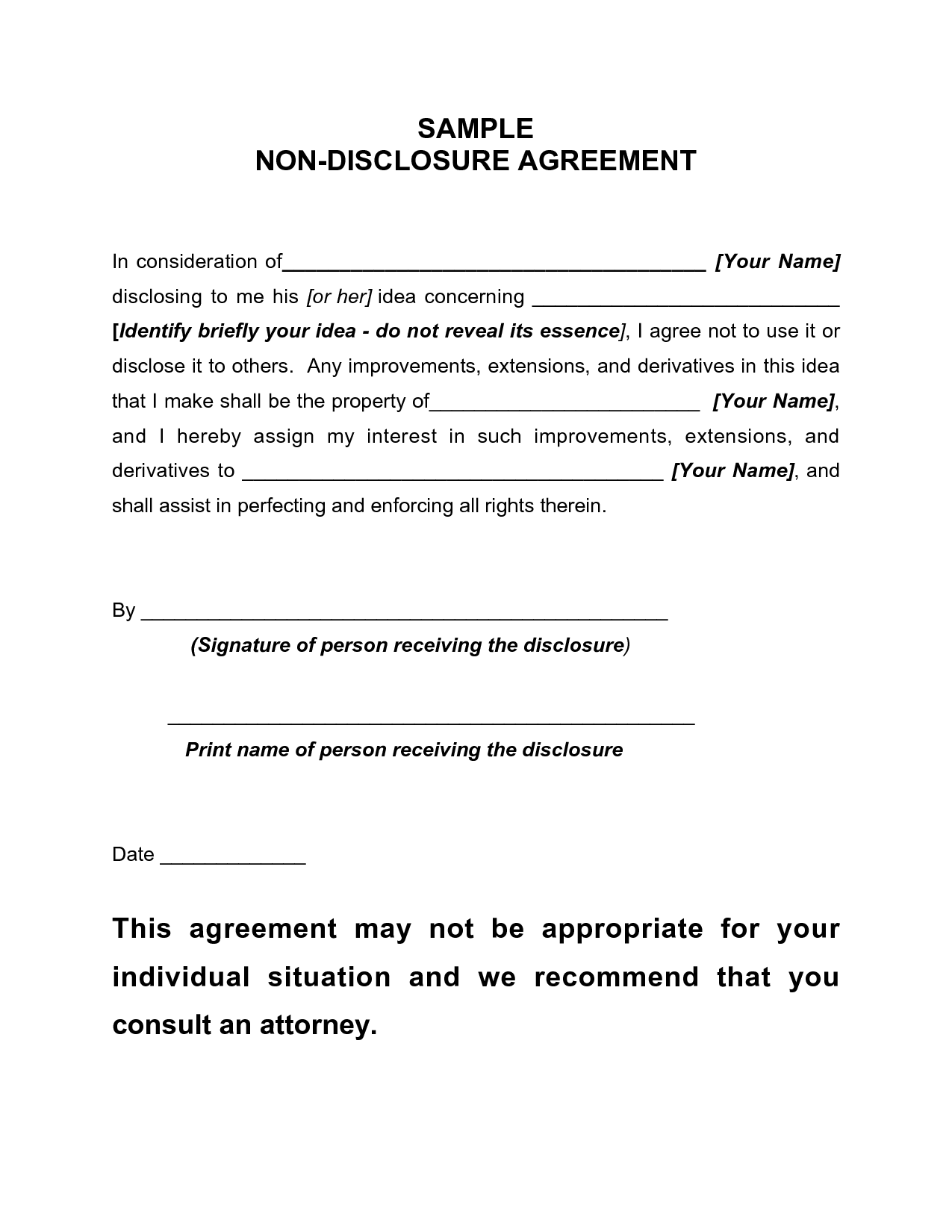 Non Disclosure Agreement Sample Free Printable Documents