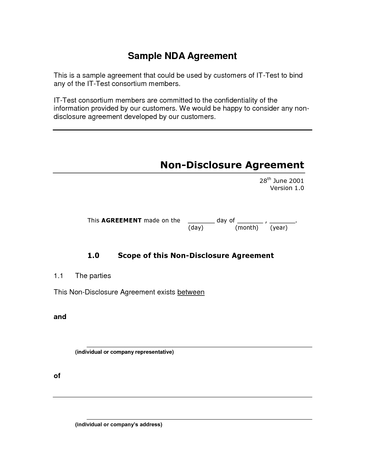 Non Disclosure Agreement Sample Free Printable Documents