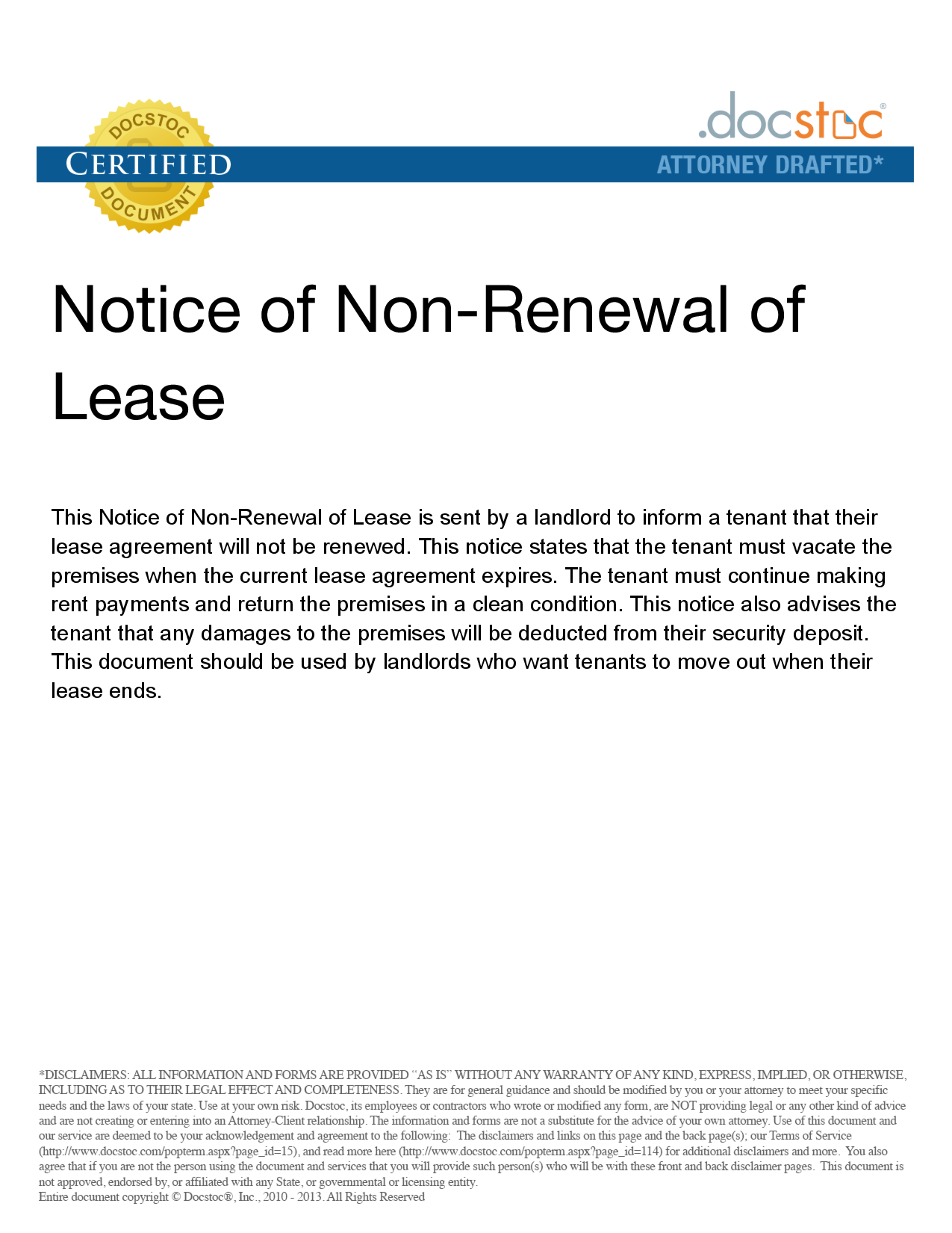 Notice Of Lease Non Renewal Template Free Printable Templates