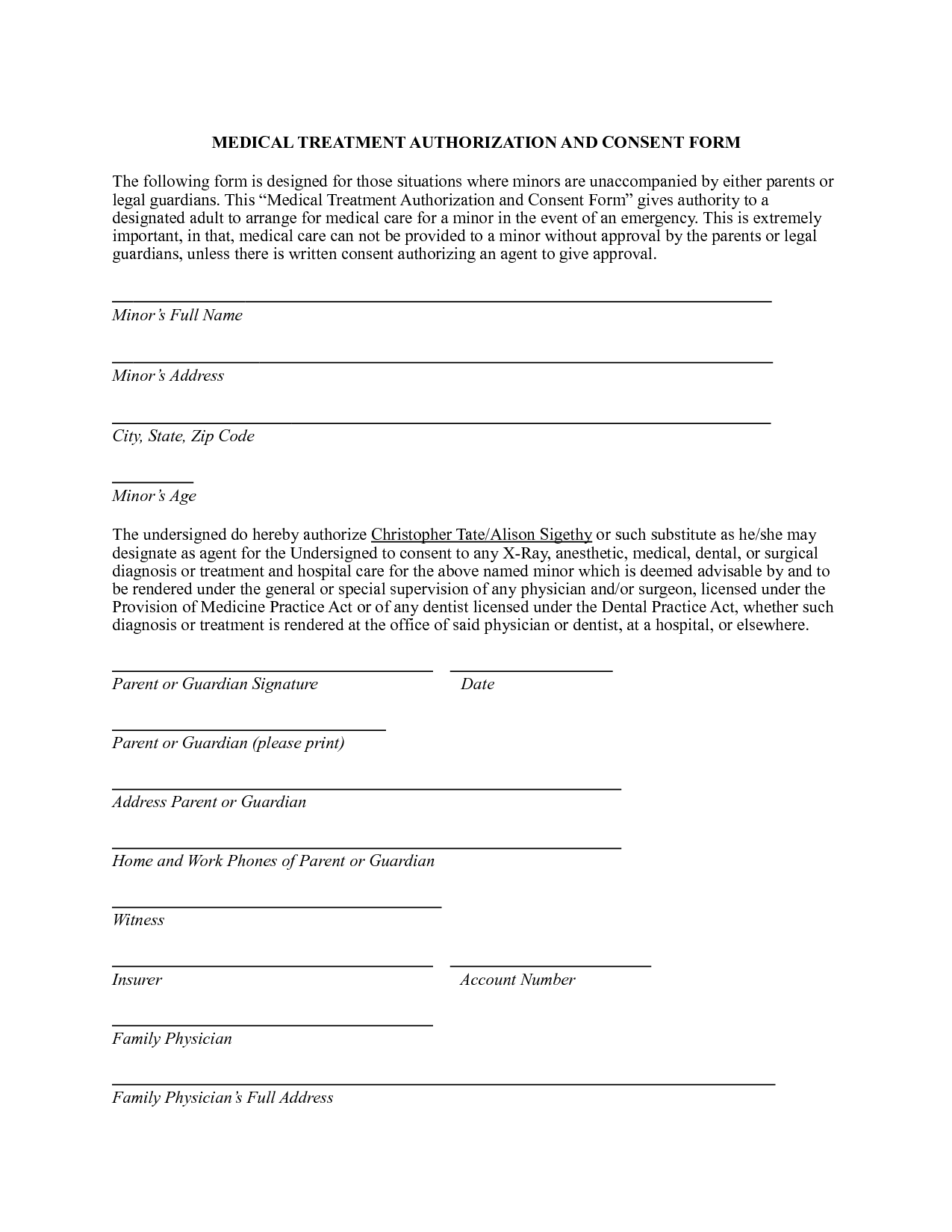 Parent Consent Form For Medical Treatment Free Printable Documents