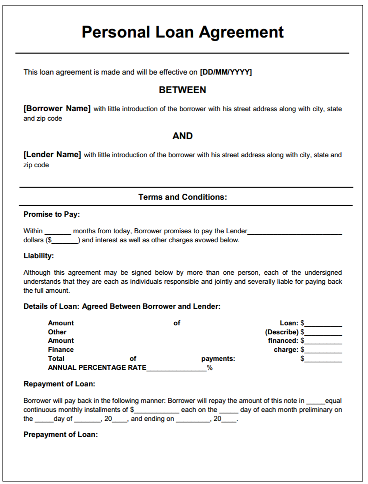 Personal Loan Agreement Sample - Free Printable Documents