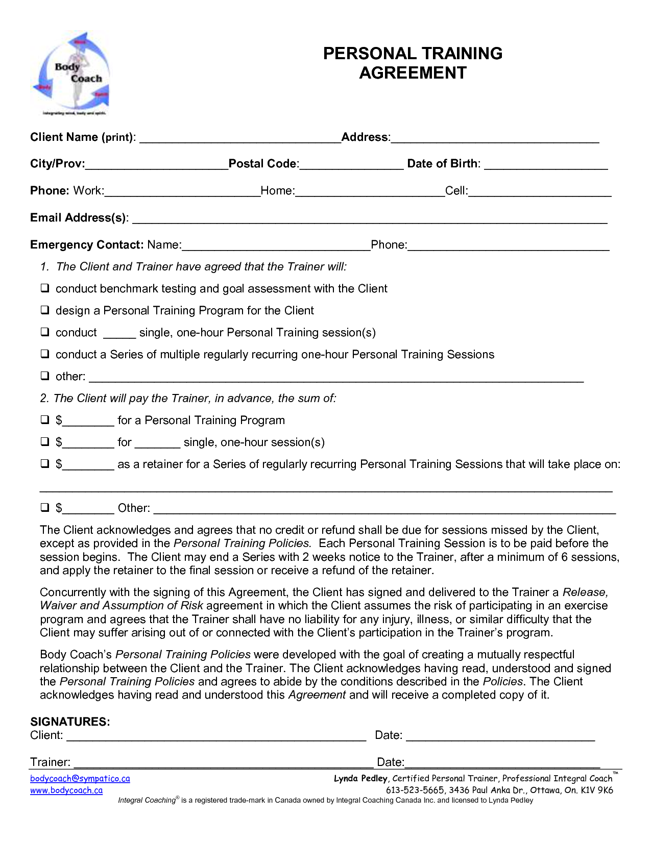 Personal Training Contract Free Printable Documents