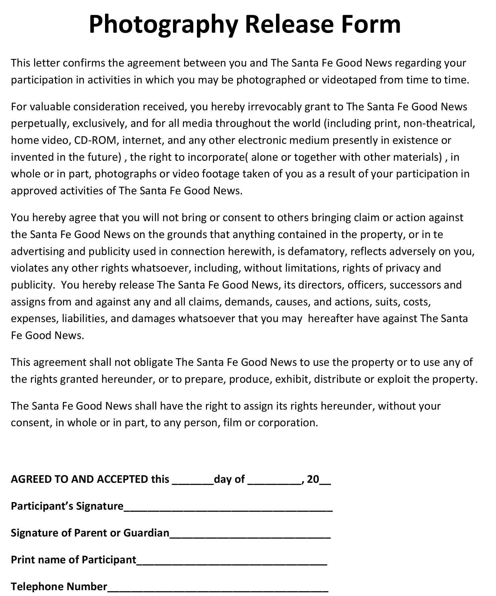 Photo Release Form Free Printable Documents
