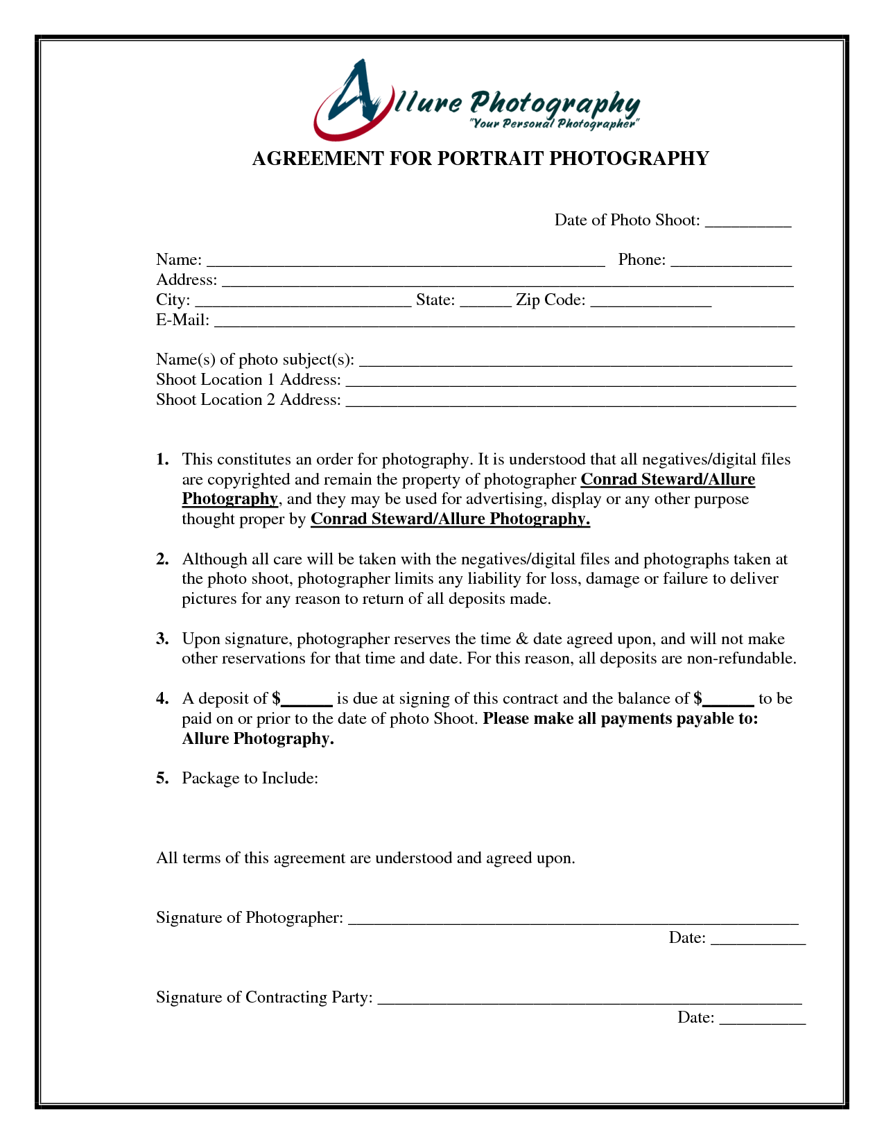 Portrait Photography Contract Free Printable Documents