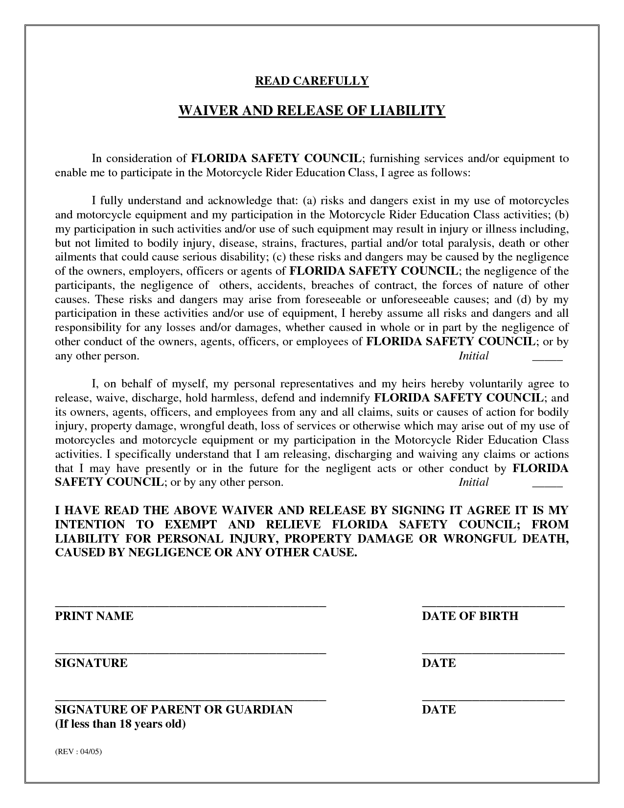 Release Of Liability Sample Free Printable Documents