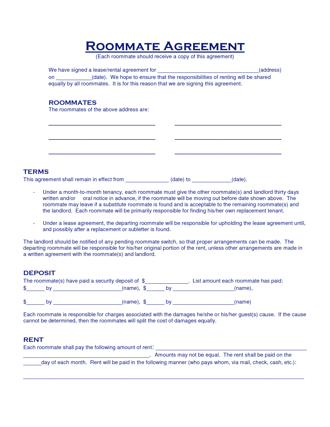 Roommate Contract Free Printable Documents