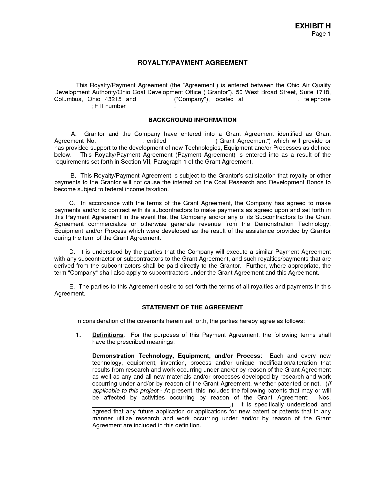 Royalty Agreement Contract Free Printable Documents